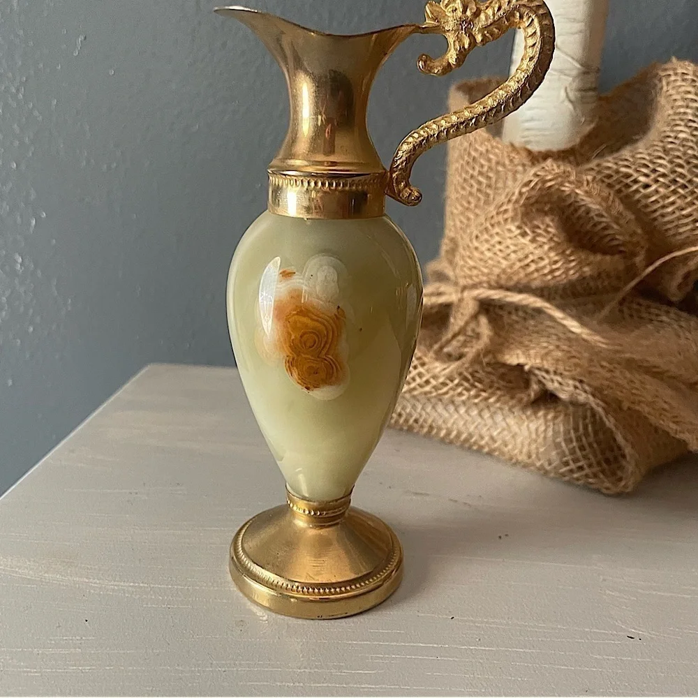 Vintage 1980 Chiseled Brass Onyx Dragon Handle Ewers Cambodia Pitcher Vase Gift - Picture 2 of 10